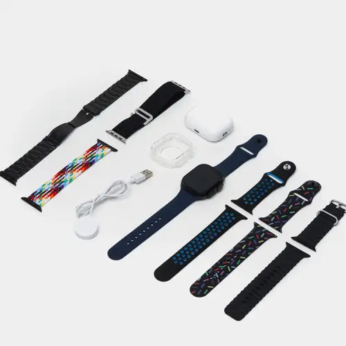 I20 ultra smart watch 10 in 1 box with Airpods and glorious 7 strap smartwatch