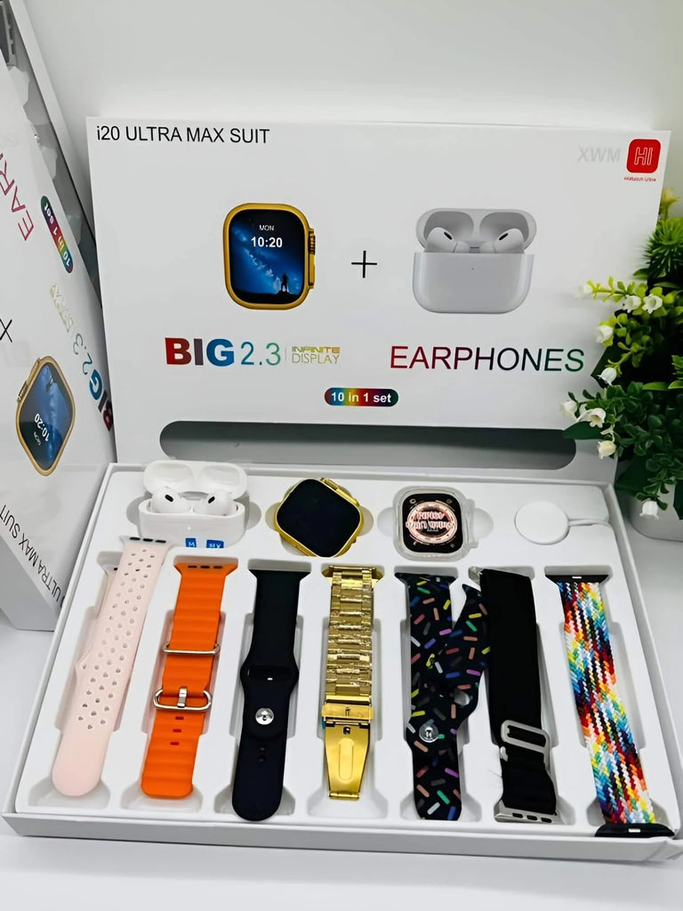 I20 ultra smart watch 10 in 1 box with Airpods and glorious 7 strap smartwatch